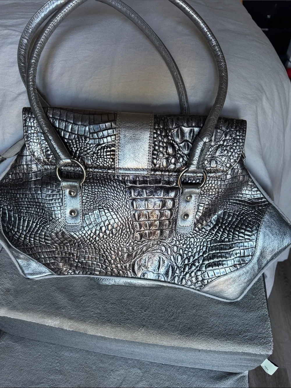 RIPANI Silver Pewter Croc-Embossed Satchel with Medallion Detail